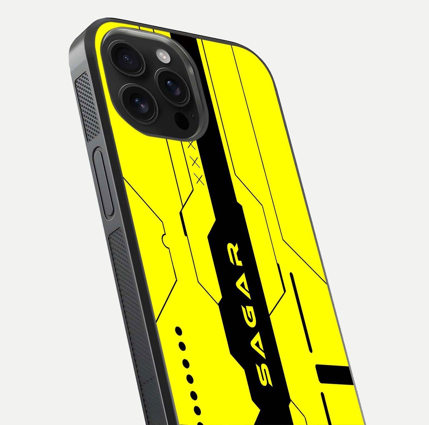 Circuit CYBERPUNK Custom Name Glass Case for iPhone 16 Pro Max close-up highlighting neon lines, futuristic tones, and gloss reflection