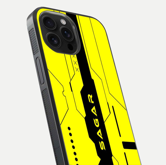 Circuit CYBERPUNK Custom Name Glass Case for iPhone 16 Pro Max close-up highlighting neon lines, futuristic tones, and gloss reflection