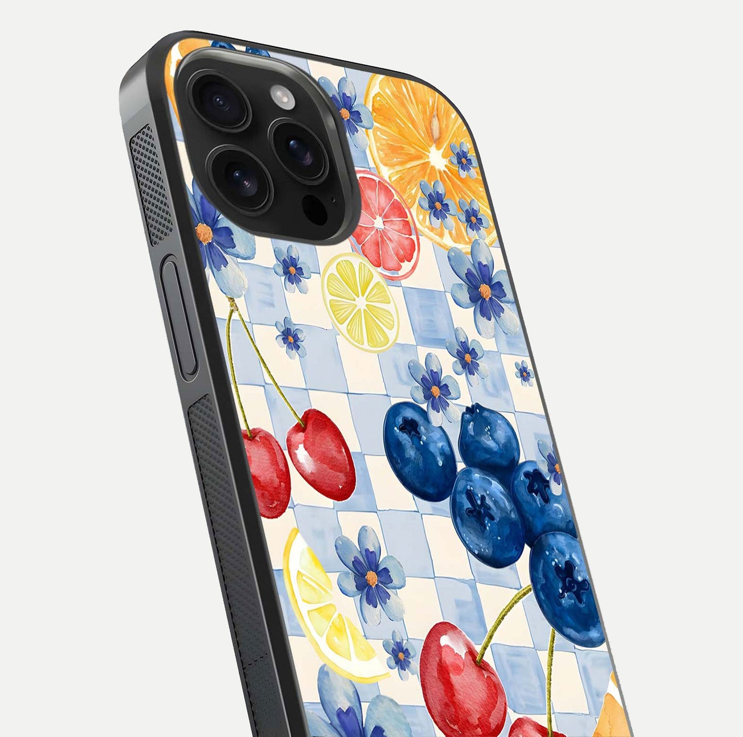 Citrus Bloom Joy Glass Case for iPhone 16 Pro Max close-up highlighting orange blossoms and reflection detail