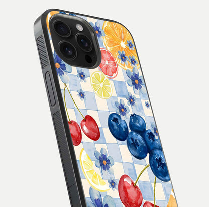 Citrus Bloom Joy Glass Case for iPhone 16 Pro Max close-up highlighting orange blossoms and reflection detail