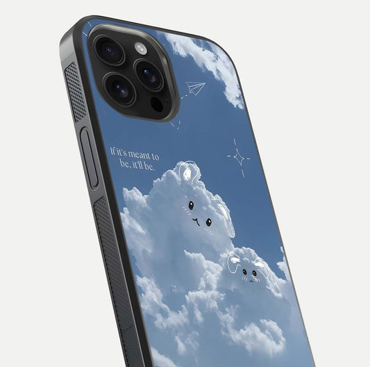 Cloud Bunny Dreams Glass Case for iPhone 16 Pro Max close-up showing bunny art, dreamy clouds, and HD shine
