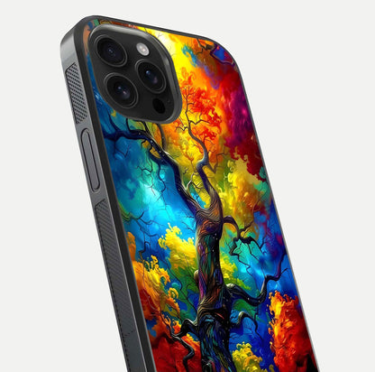 Colorful Tree Glass Case for iPhone 16 Pro Max close-up highlighting leaf detail, gradient colors, and shine