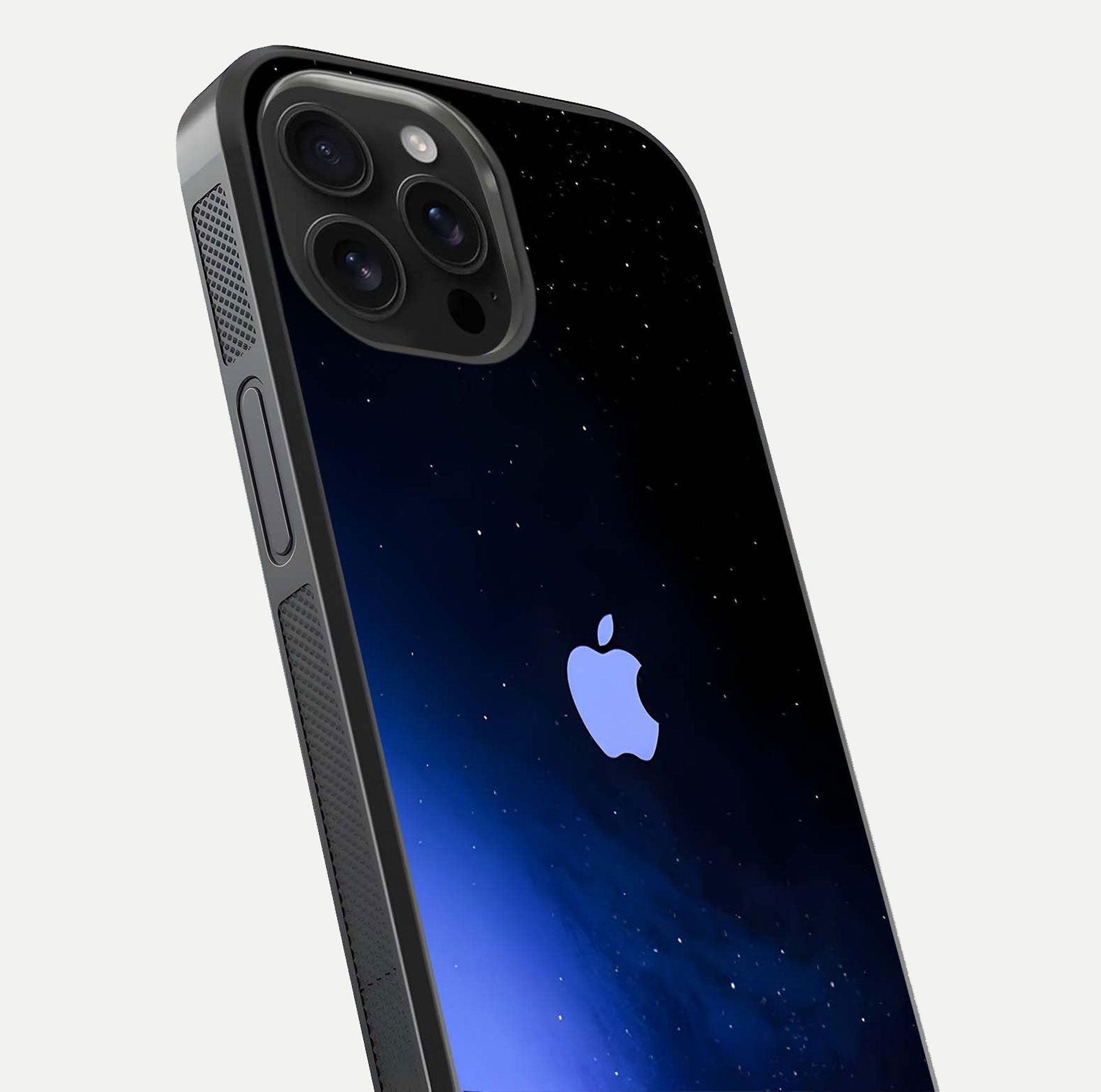 Cosmic Blue Apple Glass Case for iPhone 16 Pro Max close-up highlighting galaxy pattern, shine, and reflection detail