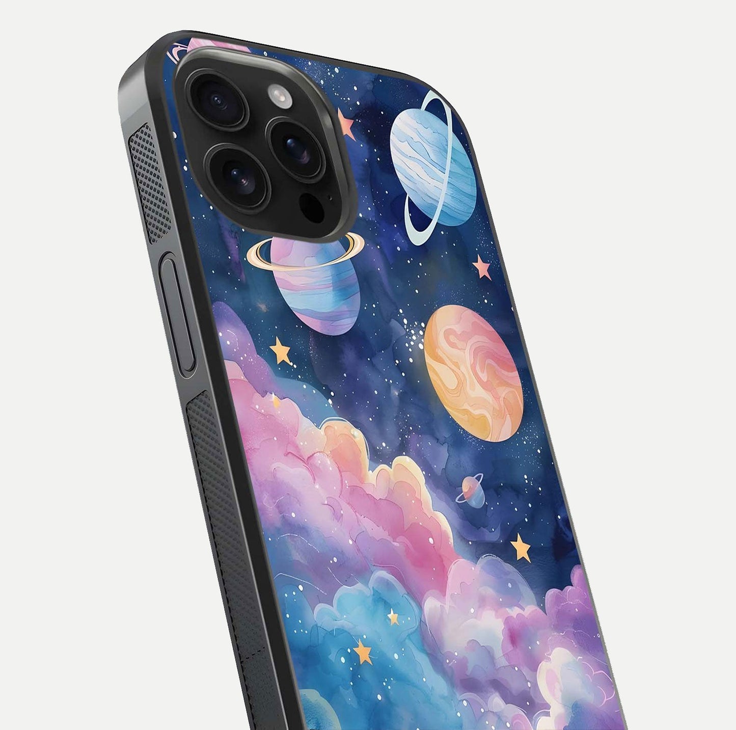 Cosmic Planet Dreams Glass Case for iPhone 16 Pro Max close-up highlighting planetary details and reflection glow