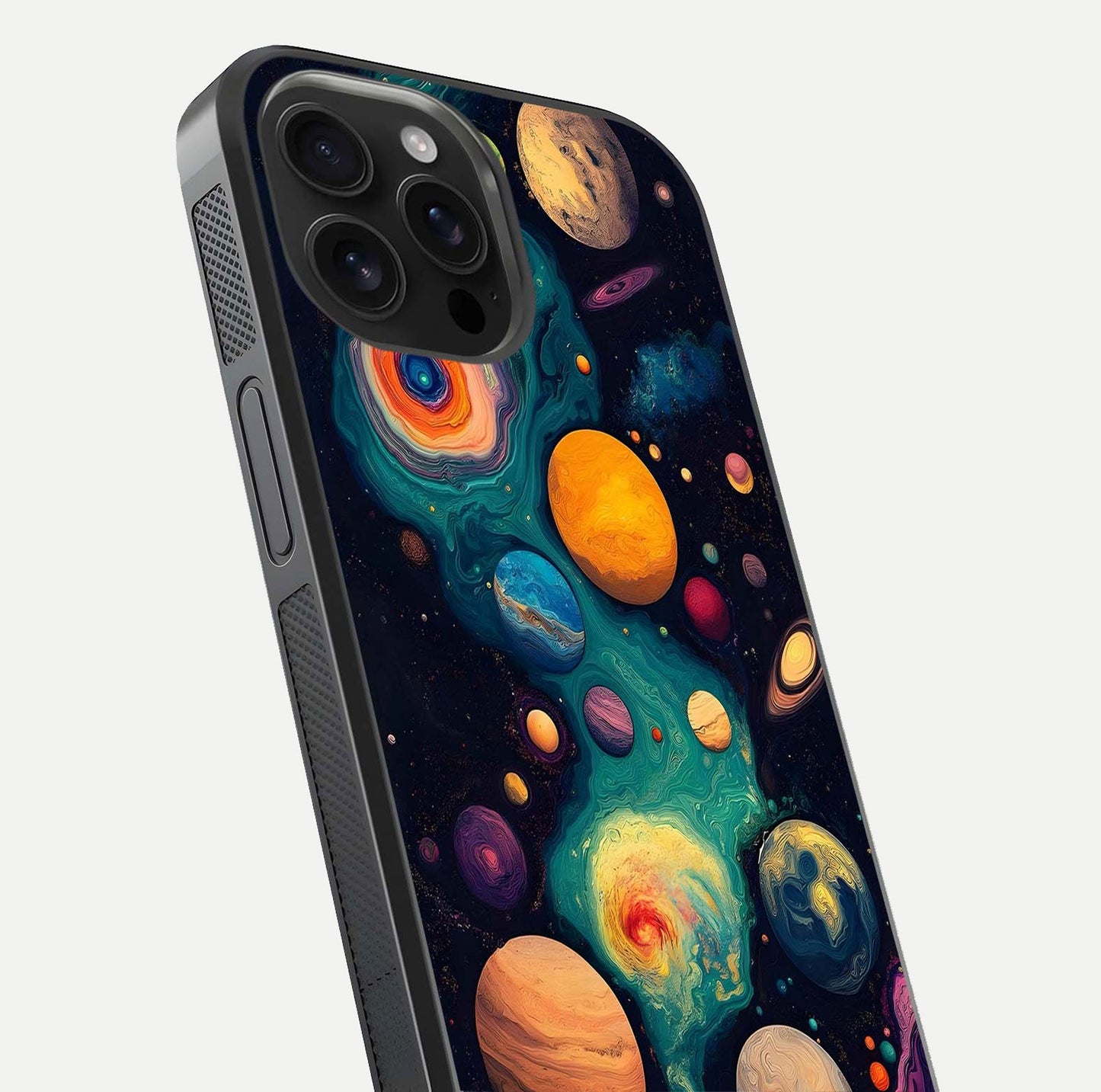 Cosmic Planet Journey Glass Case for iPhone 16 Pro Max close-up highlighting planets, stars, and shine reflection