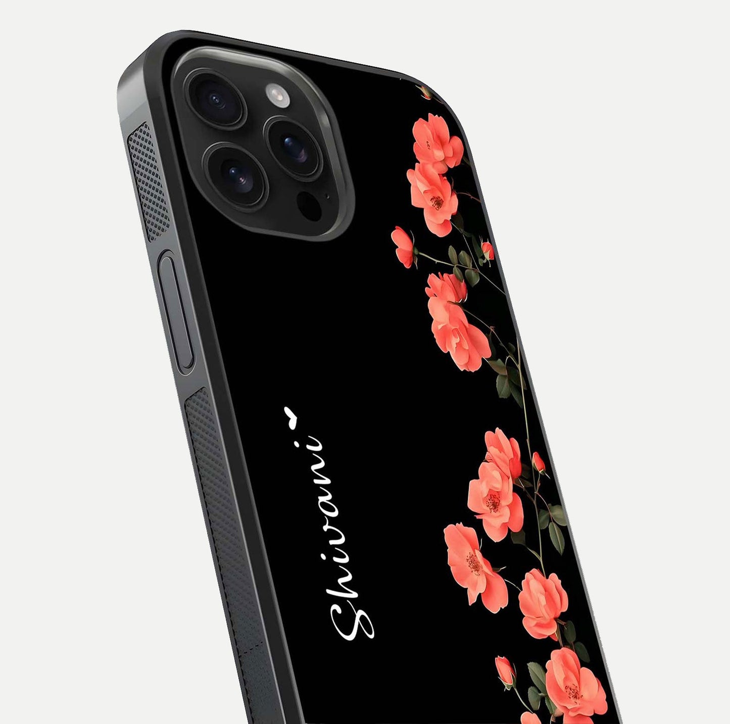 Crimson Bloom Grace Custom Name Glass Case for iPhone 16 Pro Max close-up highlighting flower pattern and reflection texture