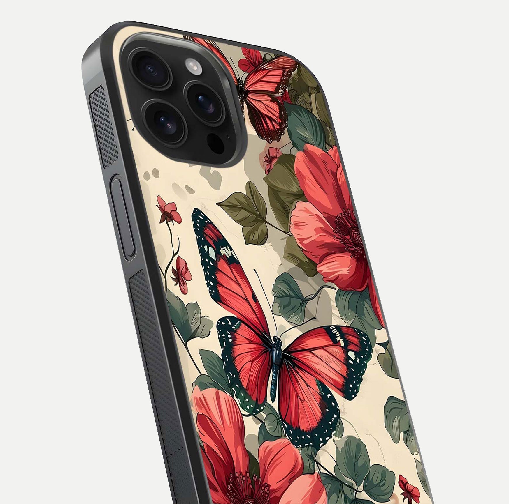 Crimson Butterfly Garden Glass Case for iPhone 16 Pro Max close-up showing wing detail and reflection shine