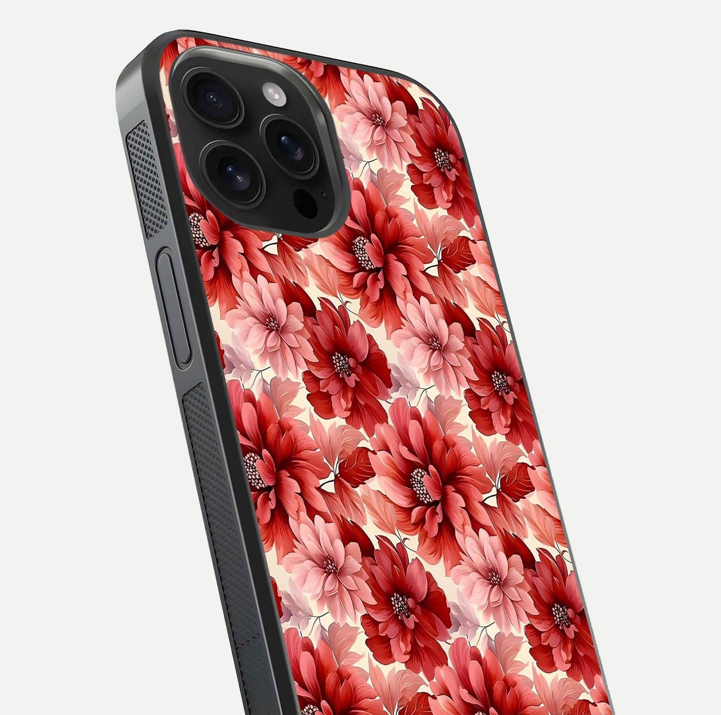 Crimson Love Petals Glass Case for iPhone 16 Pro Max close-up highlighting petal texture and light reflection