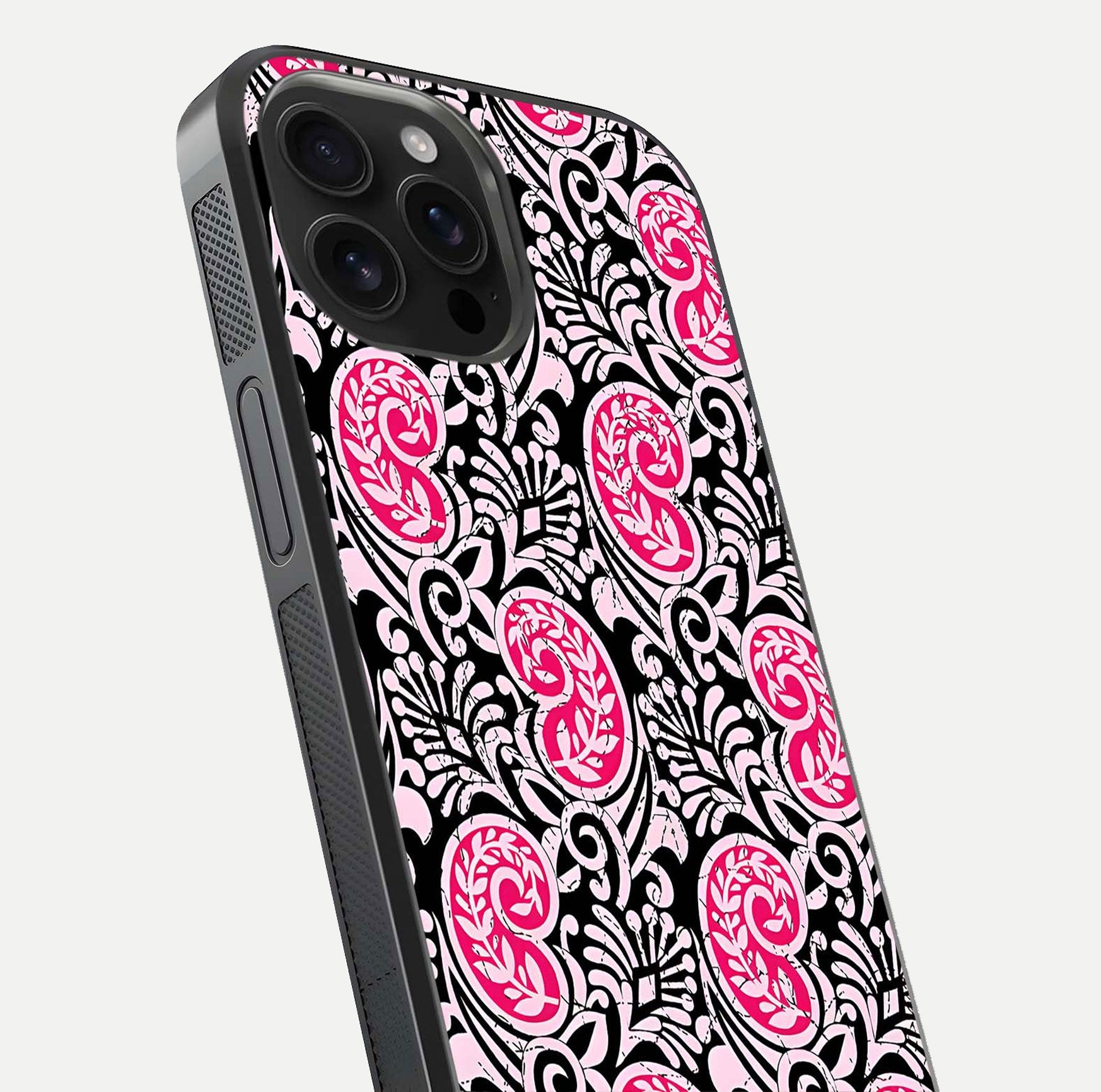 Crimson Paisley Charm Glass Case for iPhone 16 Pro Max close-up highlighting fine pattern detail and reflection tone