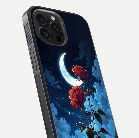 Crimson Rose Moon Glass Case for iPhone 16 Pro Max close-up showing rose detail and reflection highlight