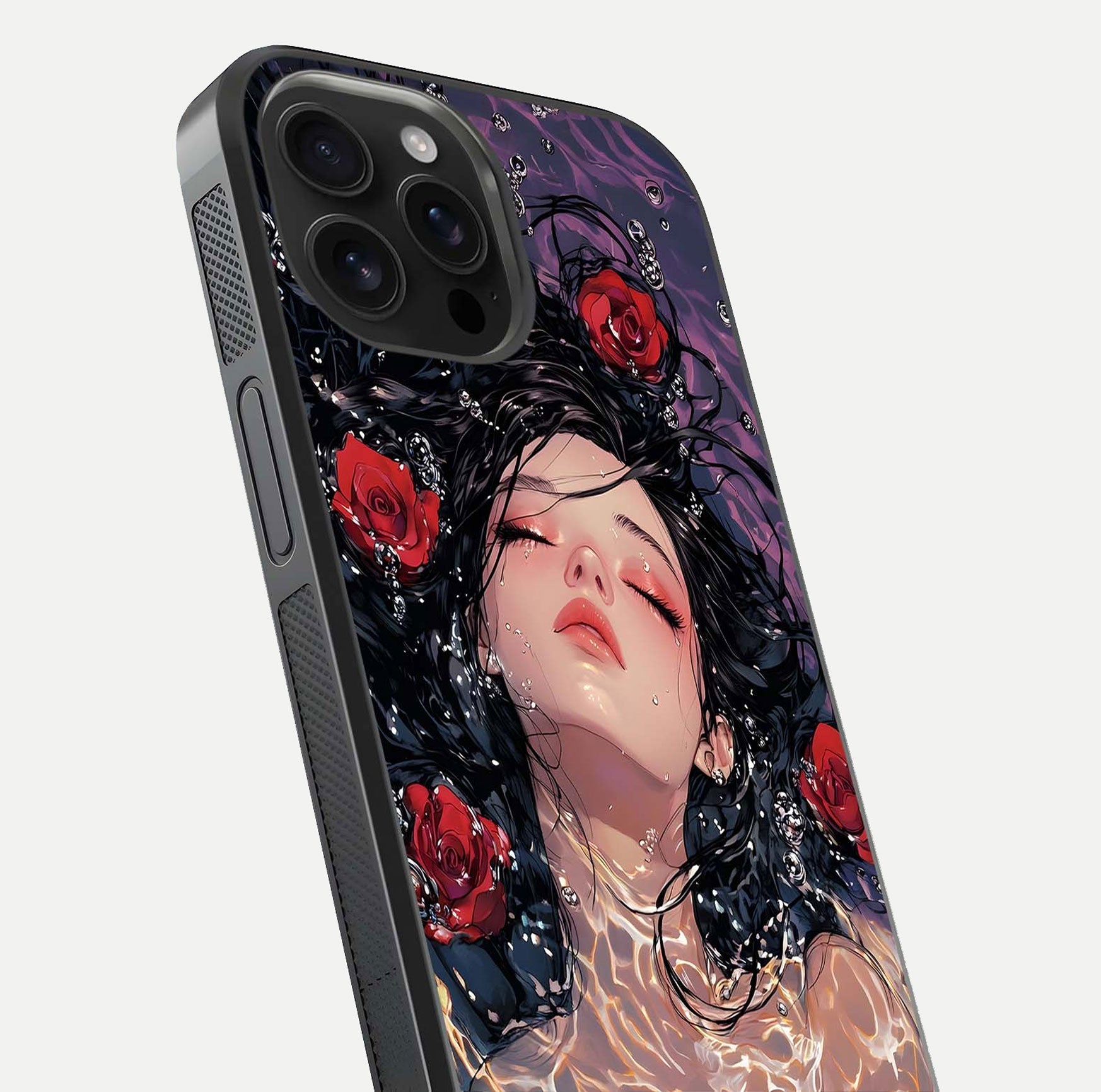 Crimson Rose Serenity Glass Case for iPhone 16 Pro Max close-up highlighting rose gradient and reflection detail