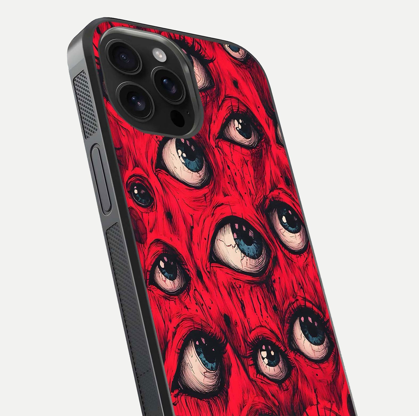 Crimson Watch Eyes Glass Case for iPhone 16 Pro Max close-up highlighting graphic detail and reflection
