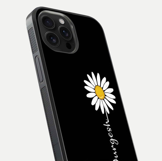 Custom Name White Flower Glass Case for iPhone 16 Pro Max close-up highlighting petals, name print, and reflection polish