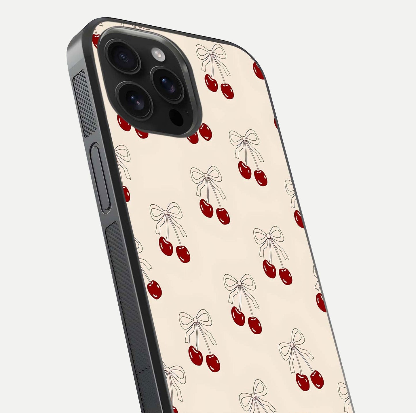 Cute Cherry Pattern Glass Case for iPhone 16 Pro Max close-up showing cherry cluster details and light reflection