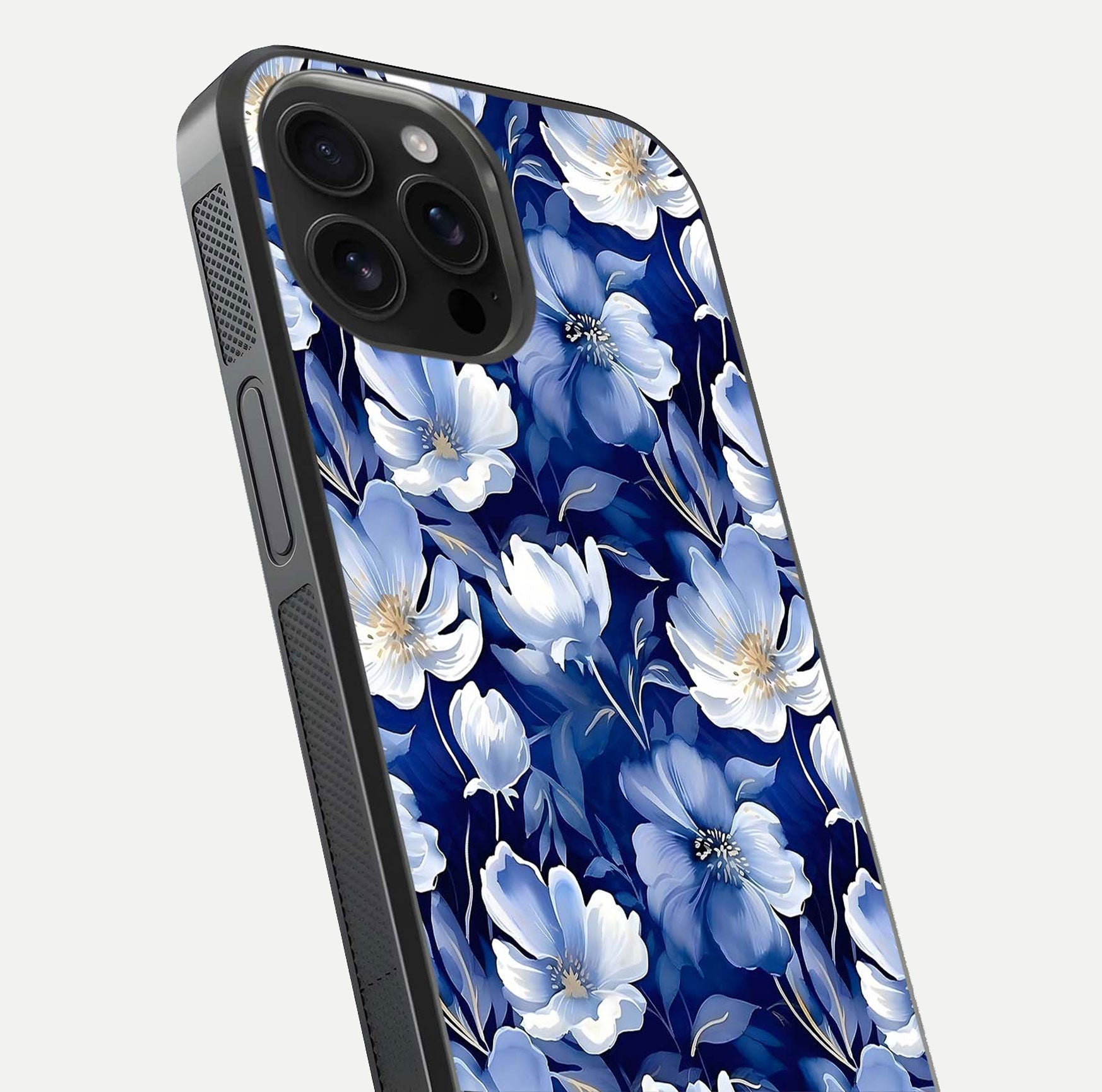 Cute Floral Patterns Glass Case for iPhone 16 Pro Max close-up highlighting flowers and gloss reflection