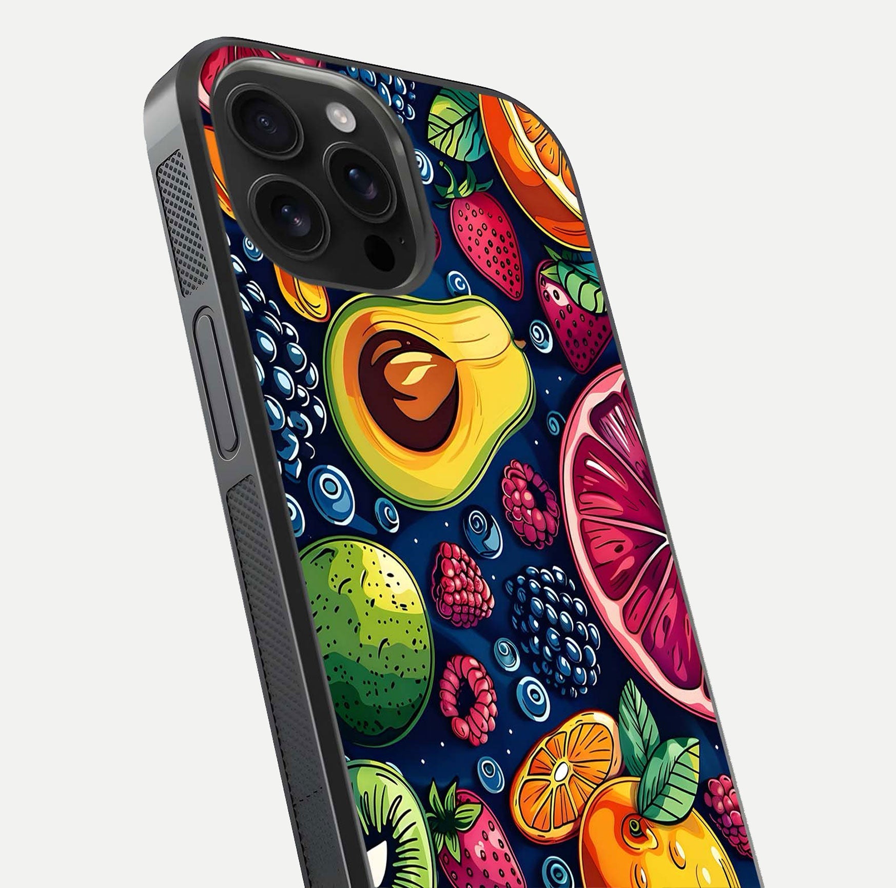 Cute Fruits Art Glass Case for iPhone 16 Pro Max close-up highlighting fruit shapes, color tones, and reflection polish