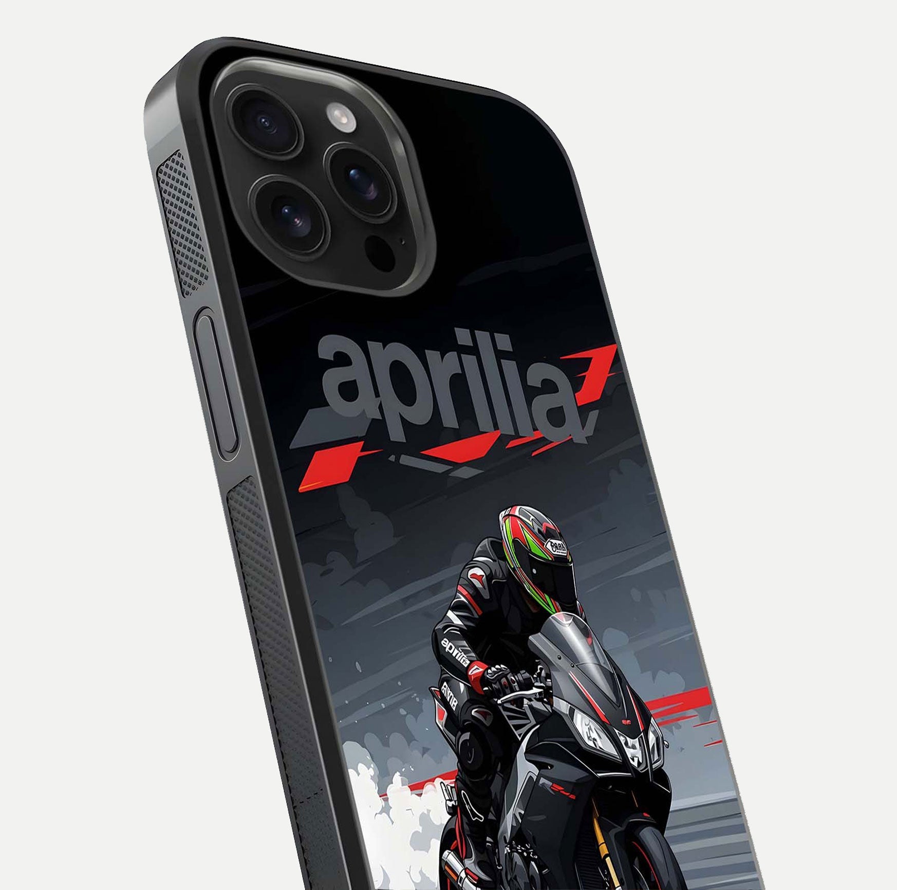 Dark Aprilla Glass Case for iPhone 16 Pro Max close-up highlighting detailing and reflection effect