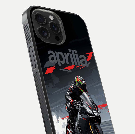 Dark Aprilla Glass Case for iPhone 16 Pro Max close-up highlighting detailing and reflection effect