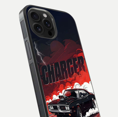Dark Charger Fury Glass Case for iPhone 16 Pro Max close-up highlighting car reflection and light gloss