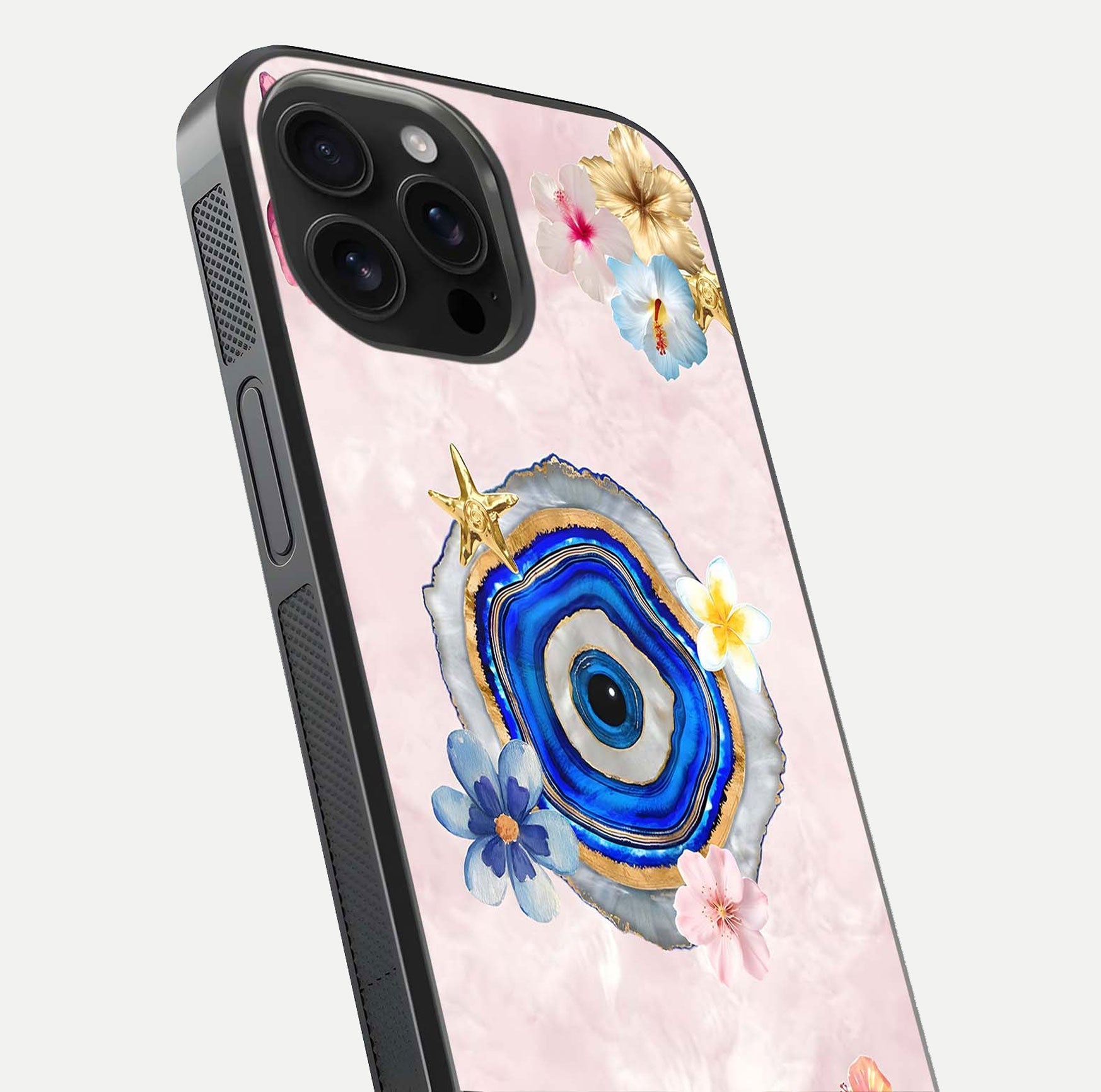 Divine Aura Bloom Glass Case for iPhone 16 Pro Max close-up highlighting flower glow and reflection tone