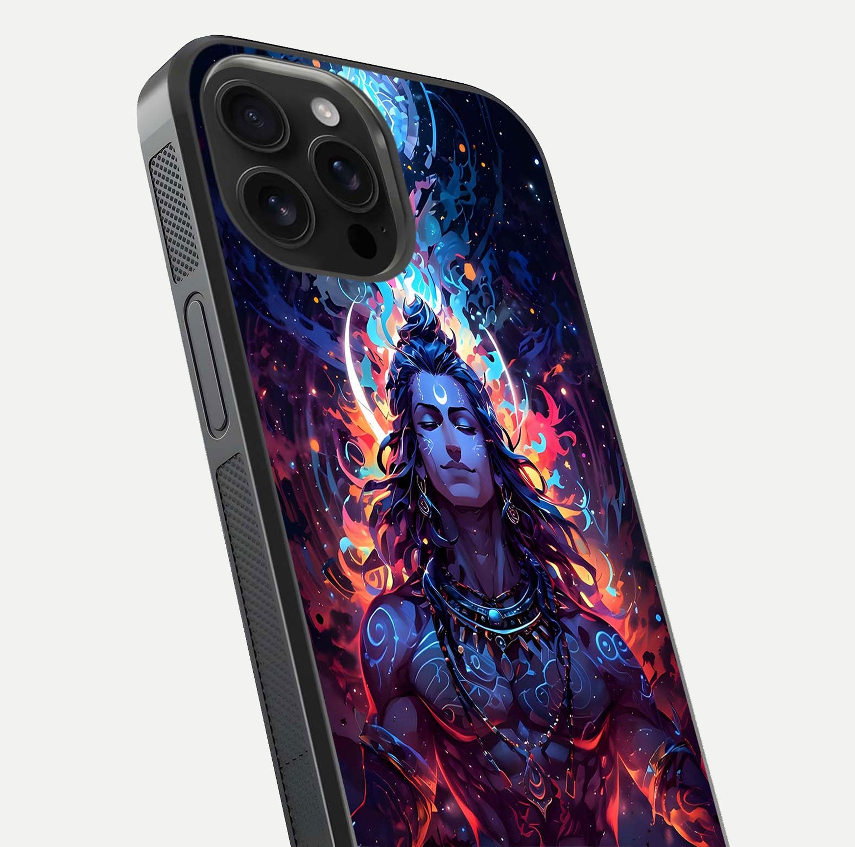 Divine Fire Shiv Glass Case for iPhone 16 Pro Max close-up highlighting divine detailing and reflection depth