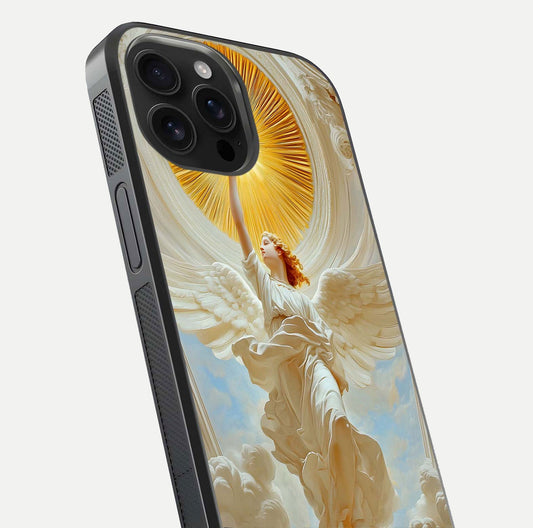 Divine Light Angel Glass Case for iPhone 16 Pro Max close-up highlighting light rays and glass reflection