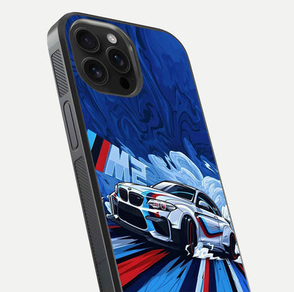 Drift Power Rush Glass Case for iPhone 16 Pro Max close-up highlighting car reflection and metallic tones