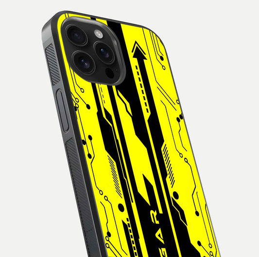 Electric Pulse CYBERPUNK Custom Name Glass Case for iPhone 16 Pro Max close-up highlighting tech pattern, lighting effect, and reflection shine