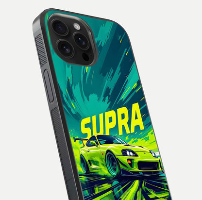 Electric Supra Thunder Glass Case for iPhone 16 Pro Max close-up highlighting car reflection, neon tones, and gloss polish