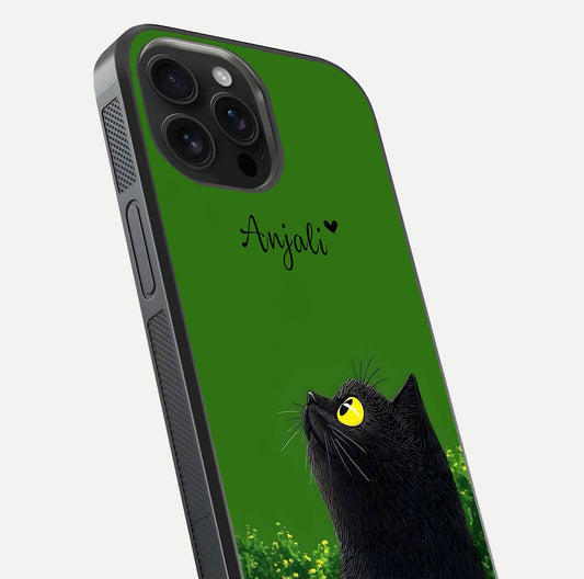 Emerald Cat Custom Name Glass Case for iPhone 16 Pro Max close-up highlighting feline detail, emerald hues, and reflection polish