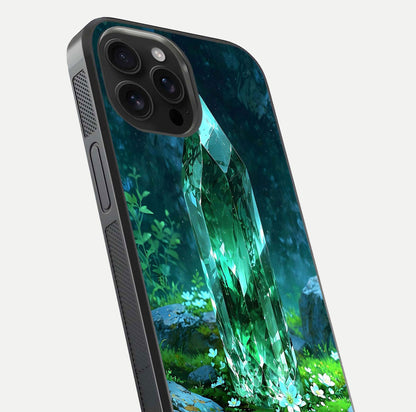 Emerald Light Crystal Glass Case for iPhone 16 Pro Max close-up highlighting crystal texture and reflection glow