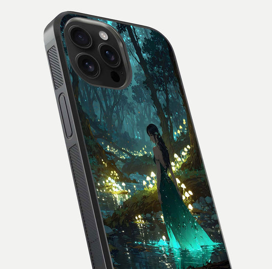 Enchanted Forest Glow Glass Case for iPhone 16 Pro Max close-up highlighting trees, lights, and reflection texture