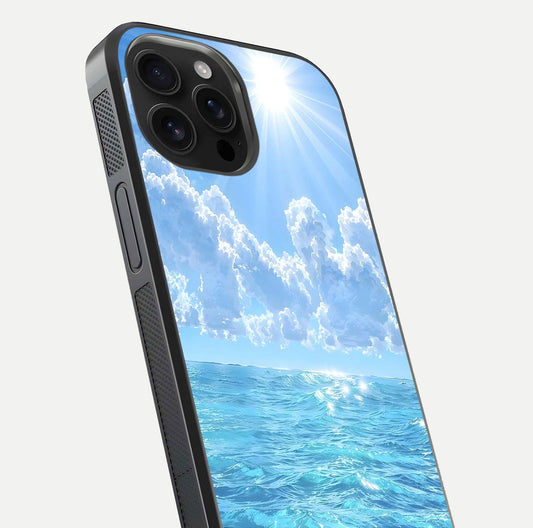 Endless Ocean Horizon Glass Case for iPhone 16 Pro Max close-up highlighting water texture and reflection shine