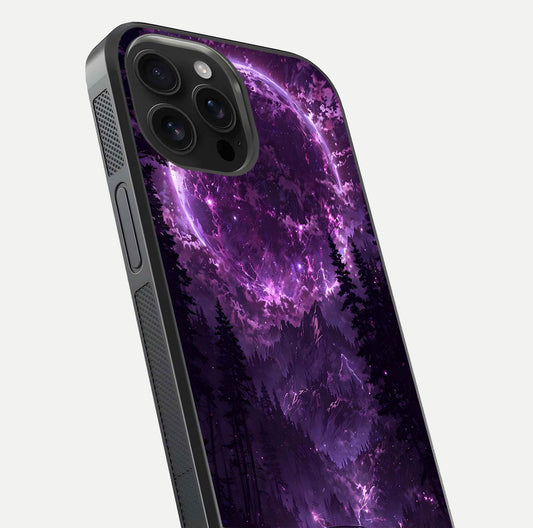 Eternal Cosmic Drive Glass Case for iPhone 16 Pro Max close-up highlighting cosmic lights and reflection depth