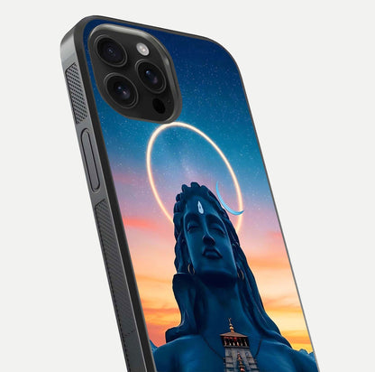Eternal Shiva Aura Glass Case for iPhone 16 Pro Max close-up highlighting divine detailing and reflection light