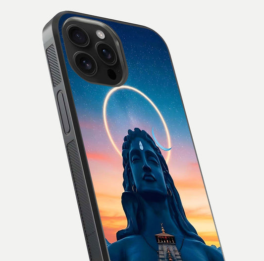 Eternal Shiva Aura Glass Case for iPhone 16 Pro Max close-up highlighting divine detailing and reflection light