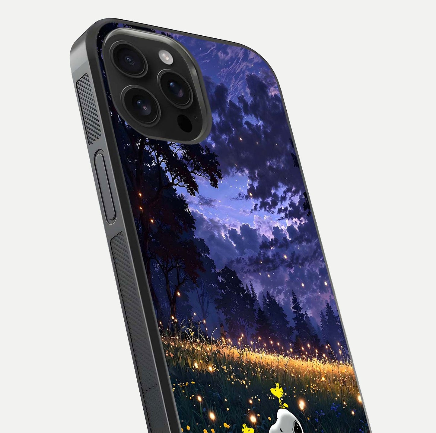 Firefly Meadow Magic Glass Case for iPhone 16 Pro Max close-up highlighting luminous firefly light and reflection detail