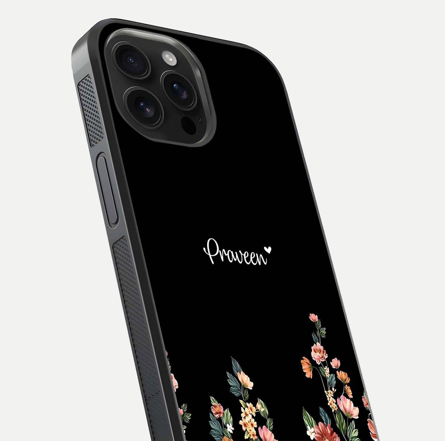 Floral Design Personalized Custom Name Glass Case for iPhone 16 Pro Max close-up highlighting name clarity, petals, and gloss