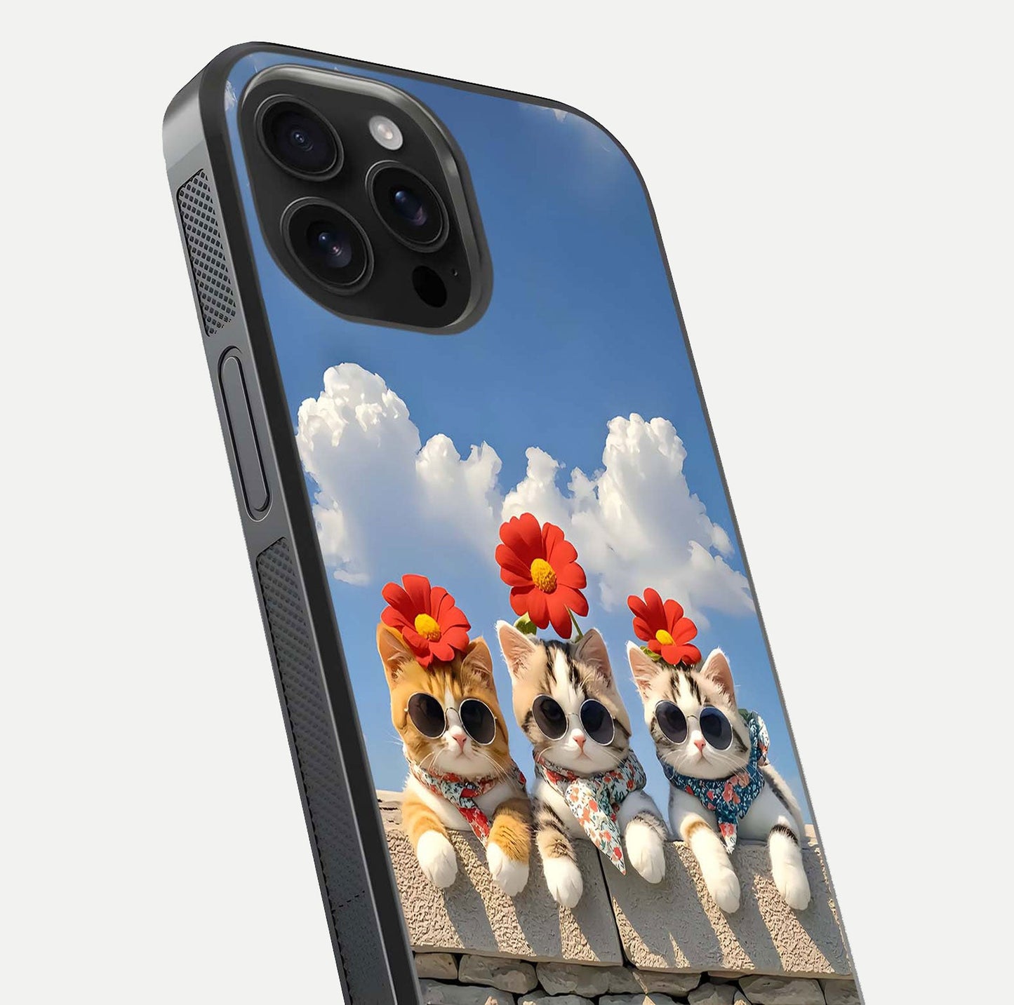Floral Kitty Squad Glass Case for iPhone 16 Pro Max close-up highlighting cat detail and flower patterns with HD shine