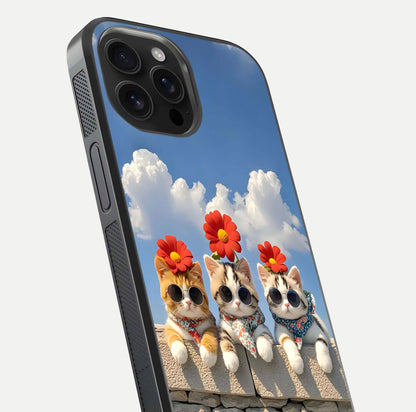 Floral Kitty Squad Glass Case for iPhone 16 Pro Max close-up highlighting cat detail and flower patterns with HD shine