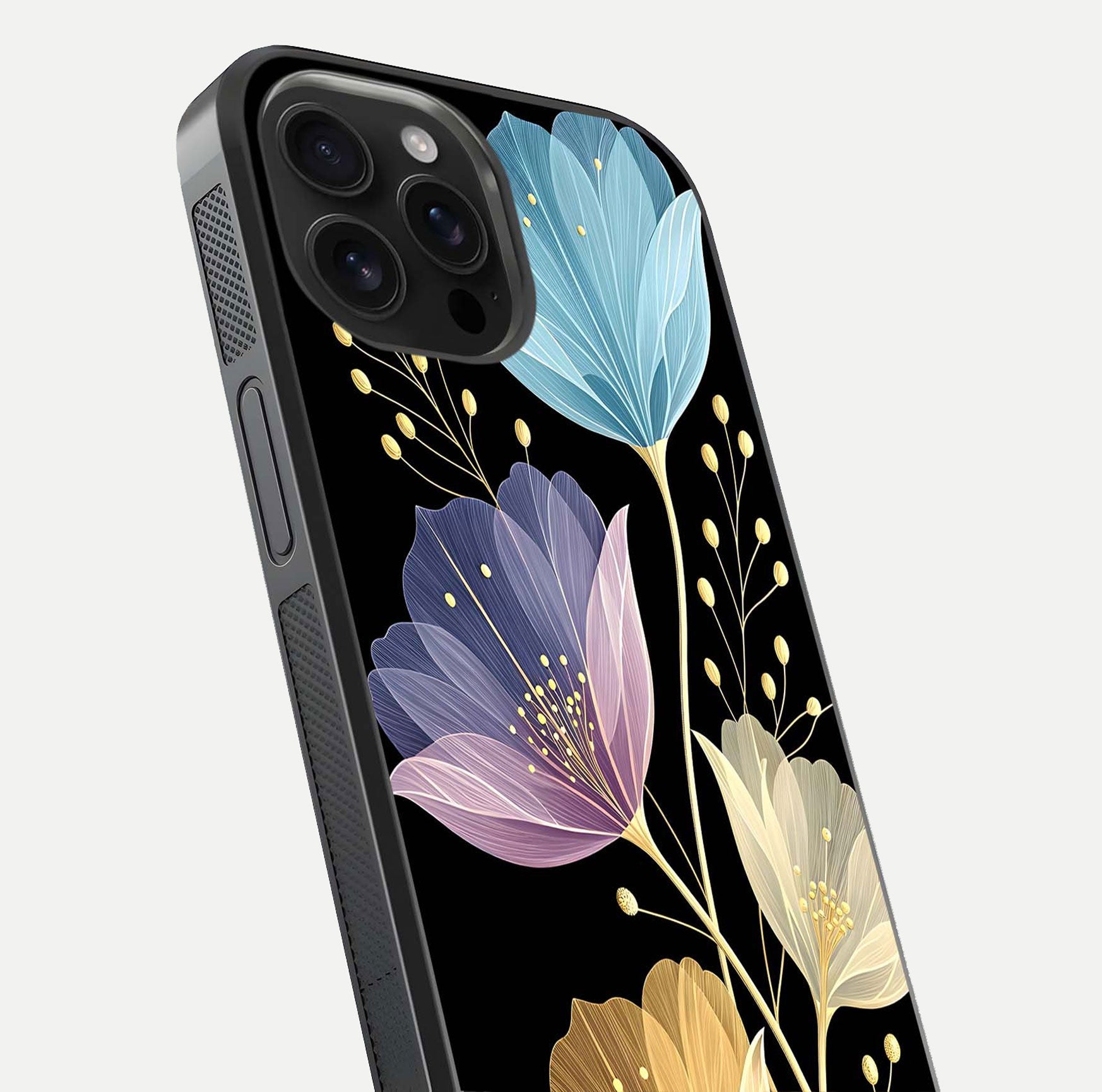Flower Bloom Glow Glass Case for iPhone 16 Pro Max close-up highlighting bloom detail and reflection polish