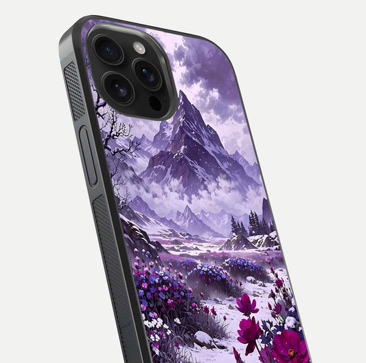 Flower Mountain View Glass Case for iPhone 16 Pro Max close-up highlighting petal details and sky reflection