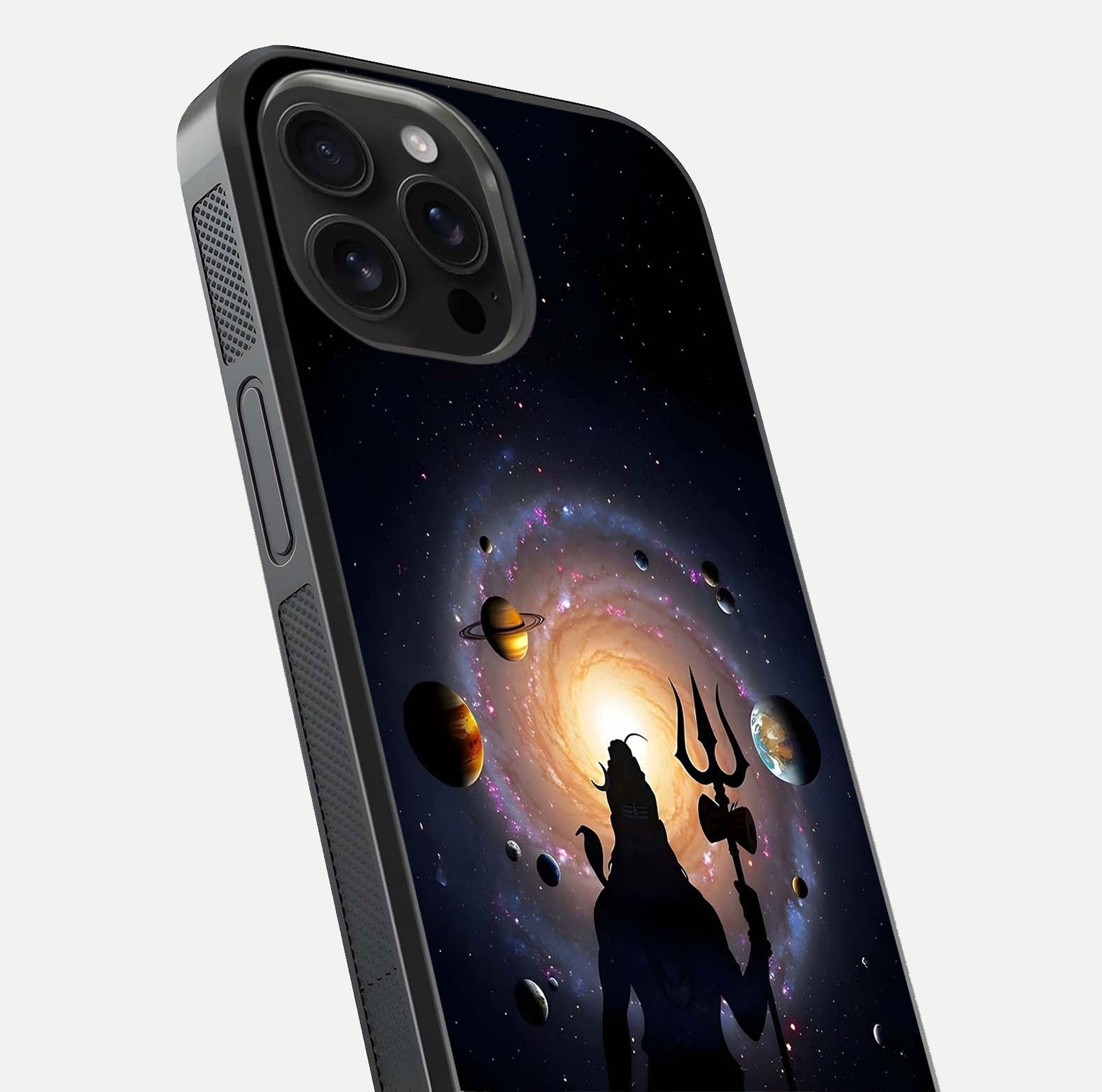Galactic Shiva Vision Glass Case for iPhone 16 Pro Max close-up angled shot highlighting divine aura, trident details, and reflection shine