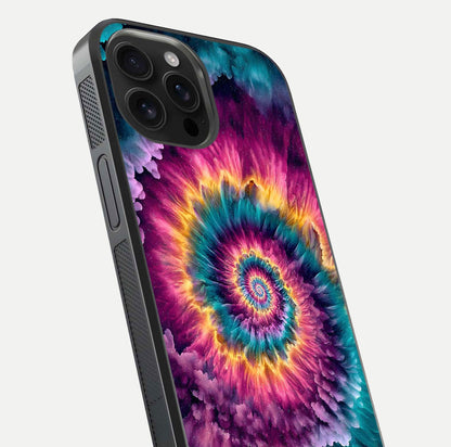 Galactic Spiral Burst Glass Case for iPhone 16 Pro Max close-up angled shot showing spiral burst detail, neon tones, and glossy reflection