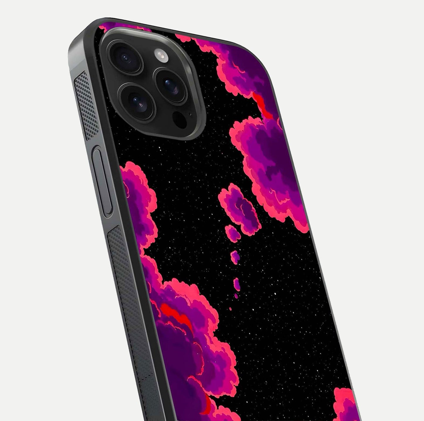 Galaxy Dream Frame Glass Case for iPhone 16 Pro Max close-up angled shot showing nebula patterns and reflection glow