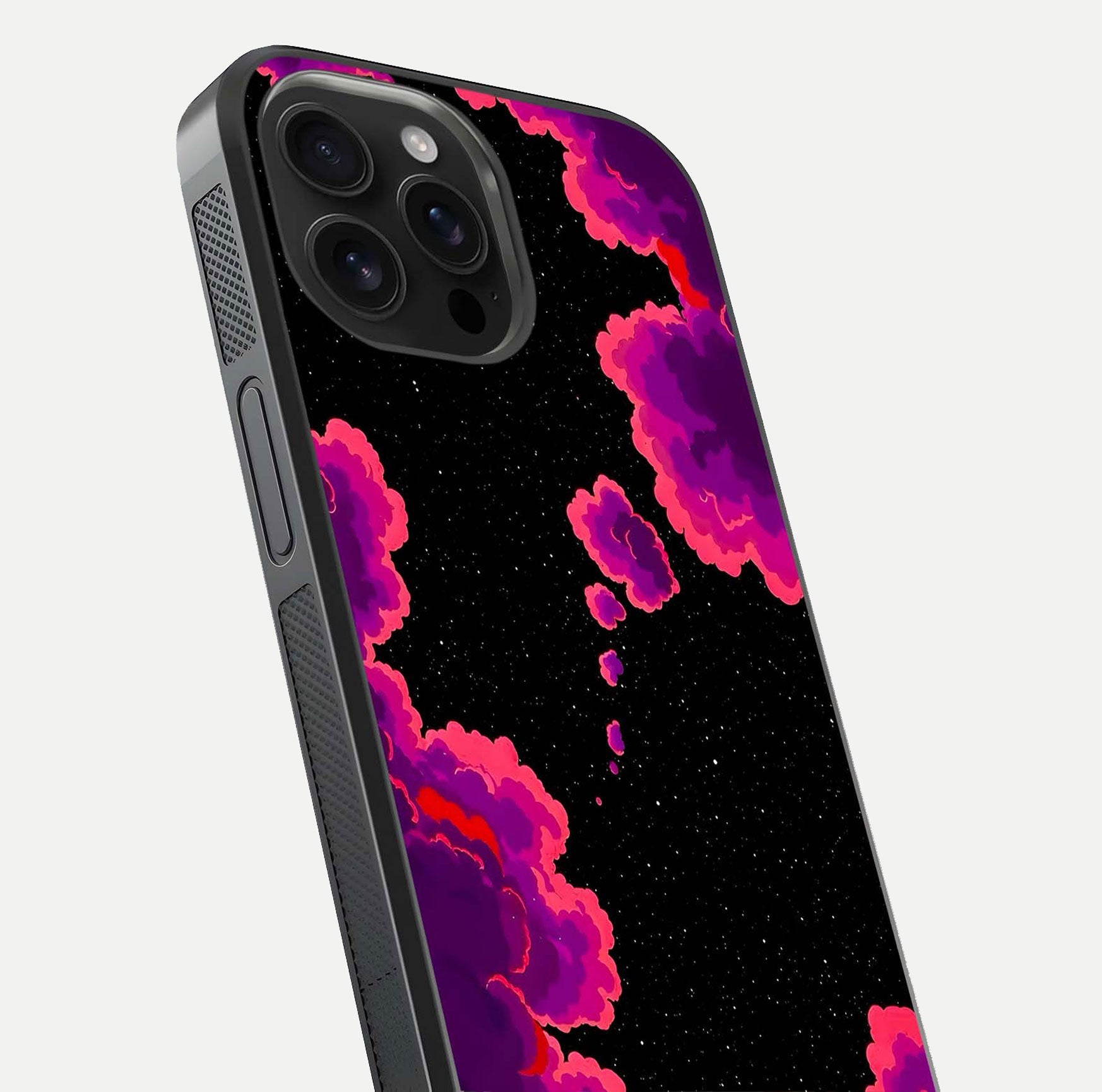 Galaxy Dream Frame Glass Case for iPhone 16 Pro Max close-up angled shot showing nebula patterns and reflection glow
