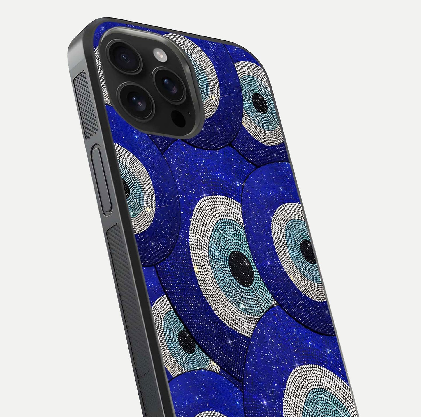 Galaxy Eye Flow Glass Case for iPhone 16 Pro Max close-up angled shot showing vivid swirl detail and reflection brightness