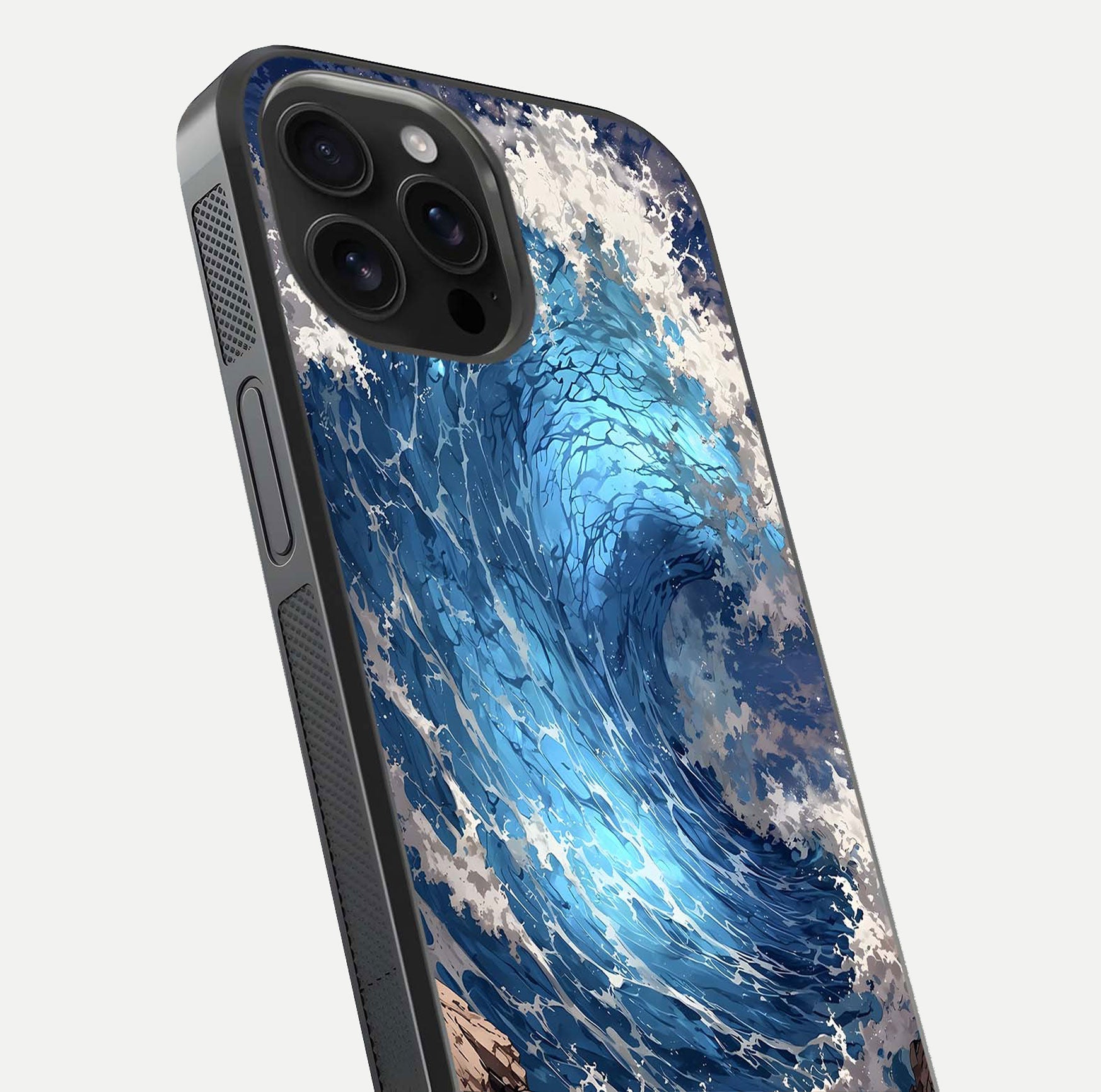 Giant Ocean Wave Glass Case for iPhone 16 Pro Max close-up angled shot showing wave texture and water reflection shine