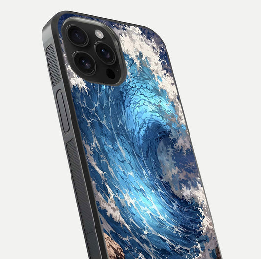 Giant Ocean Wave Glass Case for iPhone 16 Pro Max close-up angled shot showing wave texture and water reflection shine