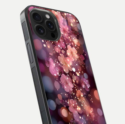 Glowing Petal Bliss Glass Case for iPhone 16 Pro Max close-up angled shot showing petal glow, color depth, and reflection shine